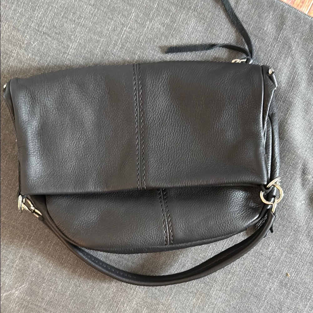 Roots Fold Over  Black Leather Women's Bag
